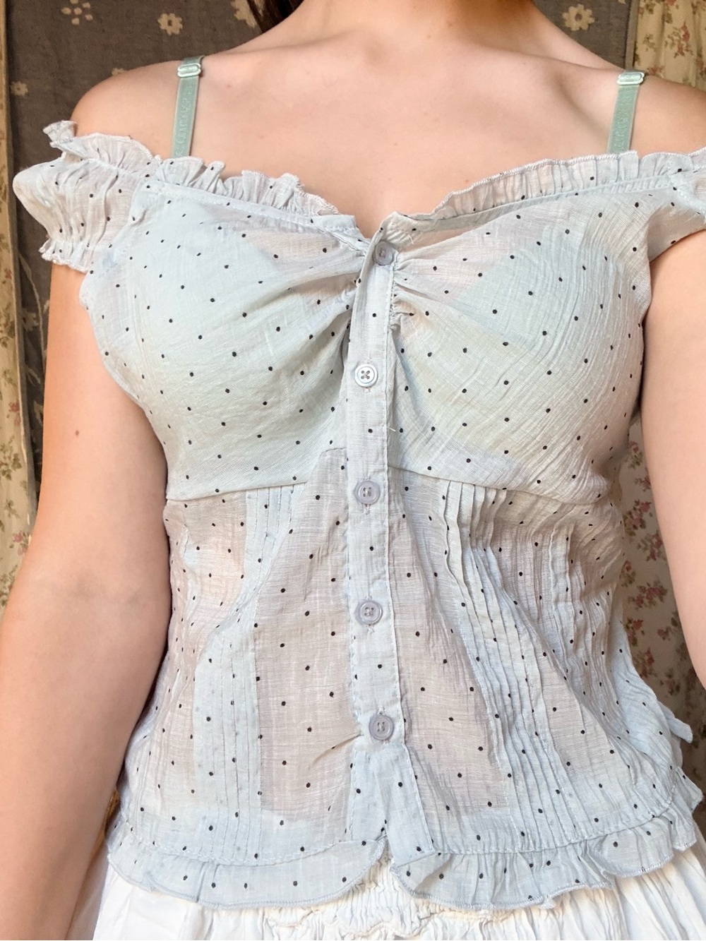 Love Notes Light Blue Off-Shoulder Polka Dot Button-Front Top